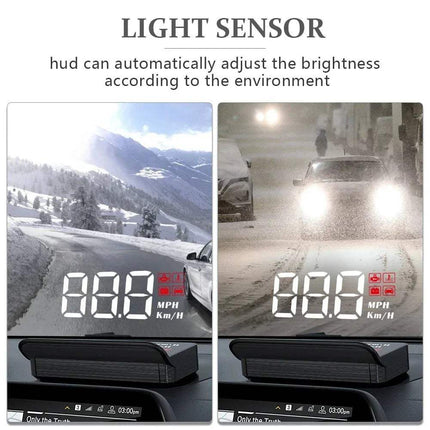 Car Head-Up Display showing speed on a snowy road with mountain background.