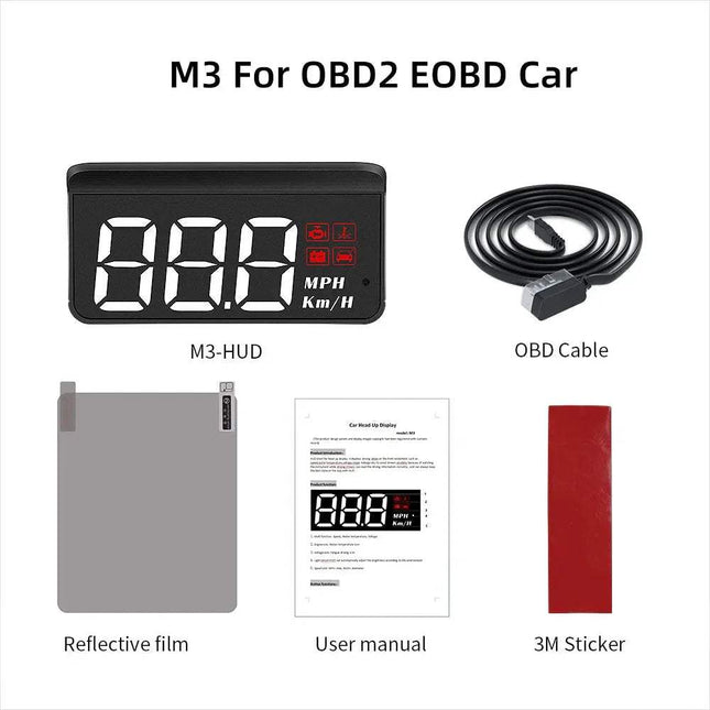 Car Head-Up Display with M3-HUD, OBD cable, reflective film, user manual, and 3M sticker on a white background.