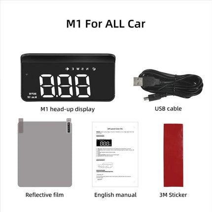 Car Head-Up Display with USB cable, reflective film, English manual, and 3M sticker on a white background