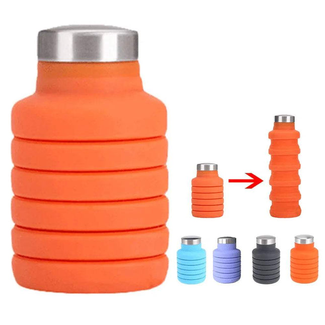 Folding Water Bottle in orange, collapsible design for travel and hiking, showcasing different colors and leakproof features.