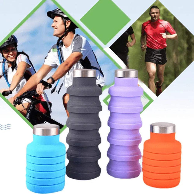 Folding Water Bottle in various colors, ideal for travel, hiking, and everyday use, collapsible and leakproof.