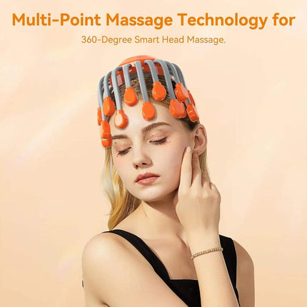 Head Massager providing 360-degree relaxation with multi-point massage technology on a woman's head.