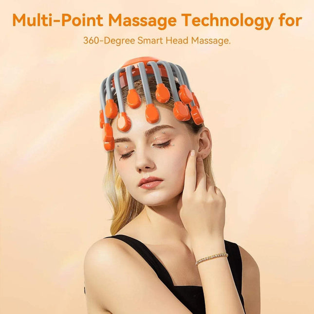 Head Massager providing 360-degree relaxation with multi-point massage technology on a woman's head.