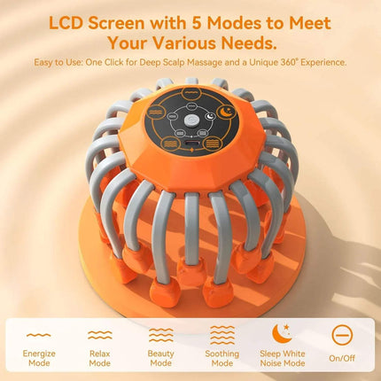 Head Massager with LCD screen showcasing 5 modes for deep scalp massage and relaxation.