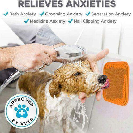 Dog being bathed with a shower head while using Slow Feeder Mat for Pets,缓解焦虑症状，包括洗澡焦虑、梳毛焦虑等，获得兽医批准的宠物用品广告。