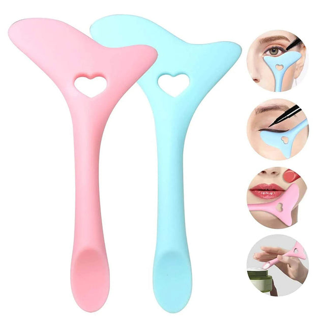 Two Silicone Eyeliner Makeup Stencil for Perfect Eye Makeup, one pink and one blue, with heart-shaped holes on a white background.