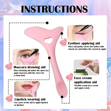 Instructions for using a pink Silicone Eyeliner Makeup Stencil on a colorful background