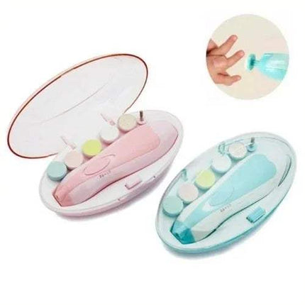 Two Baby Electric Nail Clipper Safe & Quiet Nail Care for Babies & Adults, one pink and one blue, in open cases on a white background.