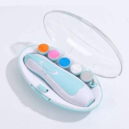 Portable Baby Electric Nail Clipper Safe & Quiet Nail Care for Babies & Adults with colorful components on a white background
