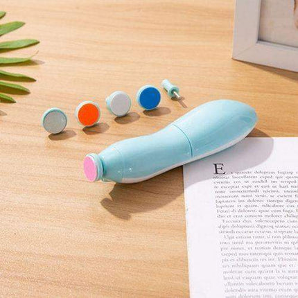 Baby Electric Nail Clipper Safe & Quiet Nail Care for Babies & Adults on a wooden surface with colorful buttons.