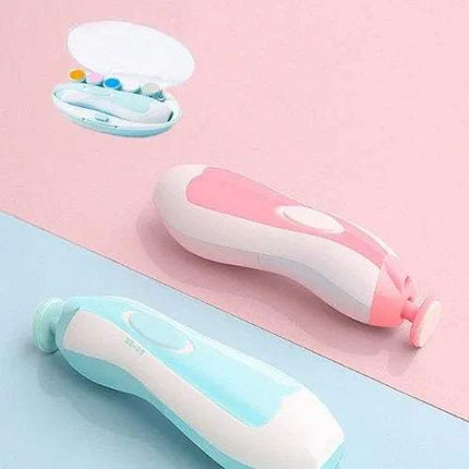 Two Baby Electric Nail Clipper Safe & Quiet Nail Care for Babies & Adults, one pink and one blue, on a pink and blue gradient background.