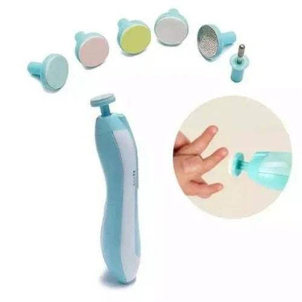 Baby Electric Nail Clipper Safe & Quiet Nail Care for Babies & Adults with multiple attachments on a white background