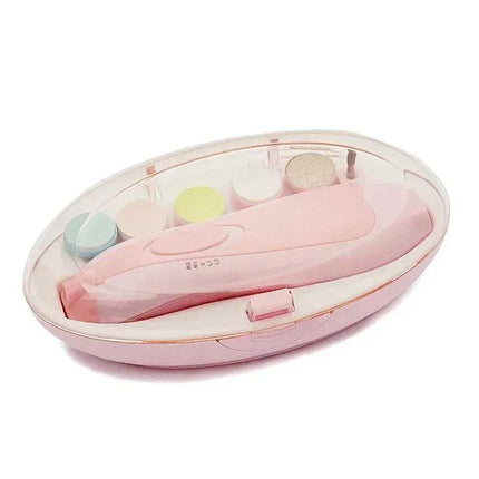Pink Baby Electric Nail Clipper Safe & Quiet Nail Care for Babies & Adults with accessories in a clear case on a white background
