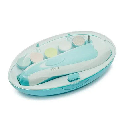 green and white Baby Electric Nail Clipper Safe & Quiet Nail Care for Babies & Adults with circular components on a white background