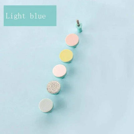 Set of colorful replacement heads of Baby Electric Nail Clipper Safe & Quiet Nail Care for Babies & Adults on a light blue background with 'Light blue' text.
