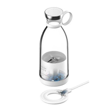 White Portable Electric Blender Fruit Juicer & Mixer Fresh Smoothies Anytime, Anywhere with metal lid and straw on a white background