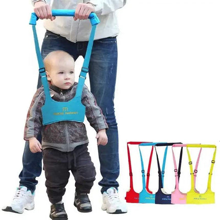 Child wearing a blue Toddler Walk Learning Assistant for Safe First Steps with a person holding it, and additional colored walking aids displayed below.
