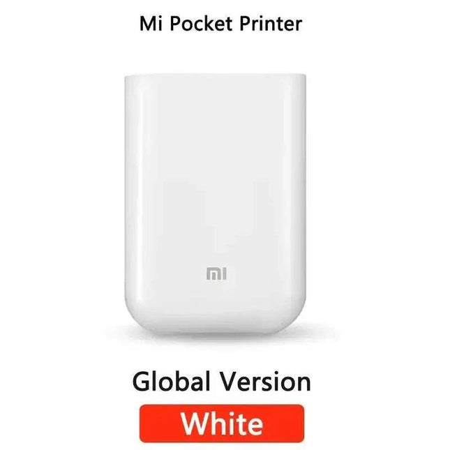 White Xiaomi Mi Portable Photo Printer Wireless Zero-Ink Printing Memories On-the-Go on a white background with 'Global Version' and 'White' text.