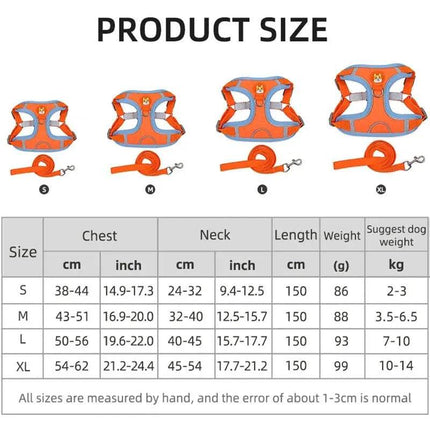 Pet Cat Harness & Leash Set size chart for an orange Cat Harness with measurements in centimeters and inches. - Astoria Lifestyle