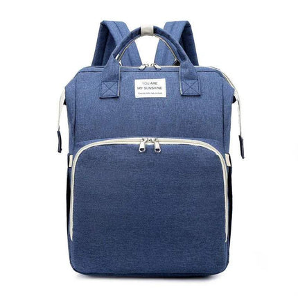 Navy Blue Baby Diaper Backpack  with white text on a white background