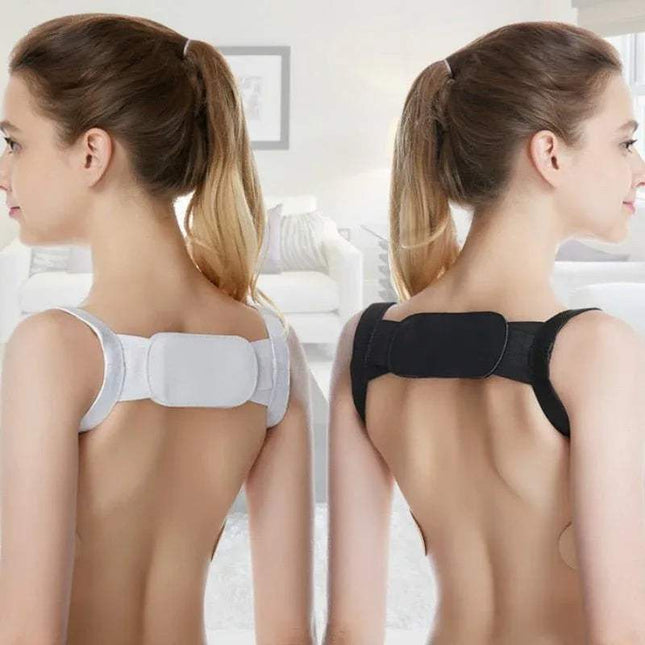 Back Shoulder Posture Corrector shown in white and black, designed to improve posture and relieve back pain.