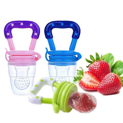 Set of colorful 3x Silicone Baby Fruit Feeders Safe & Fun Solid Food Introduction with strawberries on a white background