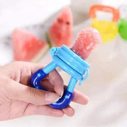 Blue 3x Silicone Baby Fruit Feeders Safe & Fun Solid Food Introduction with a watermelon slice on a white background