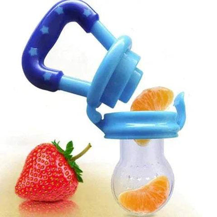 Blue 3x Silicone Baby Fruit Feeders Safe & Fun Solid Food Introduction with strawberries and oranges on a white background