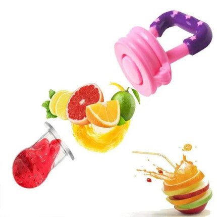 Pink and purple3x Silicone Baby Fruit Feeders Safe & Fun Solid Food Introduction with fruit slices and a glass of juice on a white background