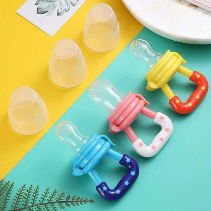 Colorful 3x Silicone Baby Fruit Feeders Safe & Fun Solid Food Introduction on a yellow and blue background