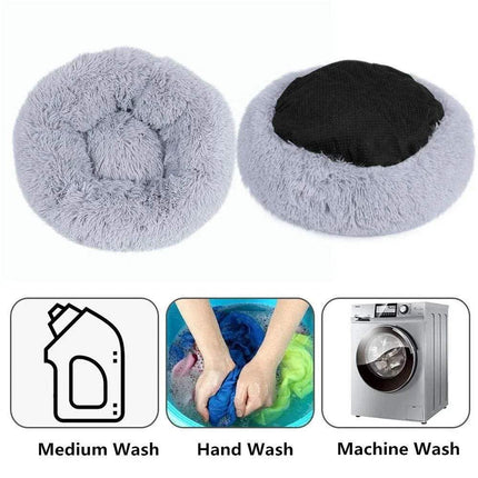 Comfortable Donut Bed for Pets shown in grey with washing instructions including hand wash and machine wash options.