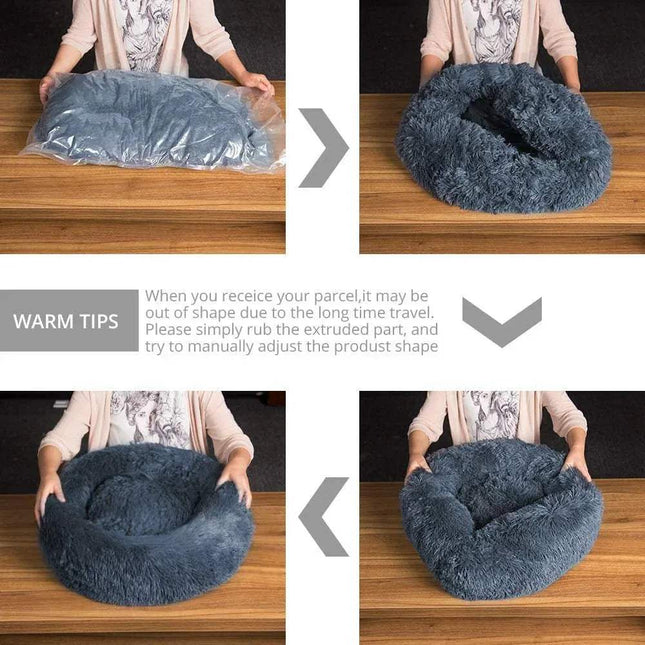 Comfortable Donut Bed for Pets shown in different stages of unpacking and adjustment for optimal shape.