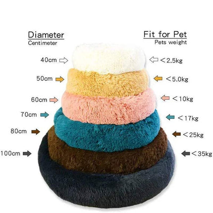 Comfy size guide for Comfortable Donut Bed for Pets with diameter and weight fit for various pets.