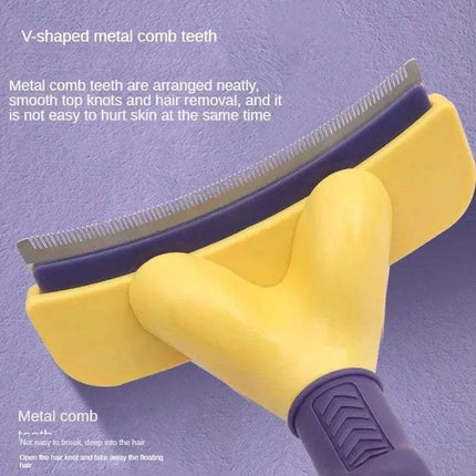 V-shaped metal comb teeth of a Pet Detangler & Grooming Comb for Dogs & Cats, designed for easy knot and loose fur removal.