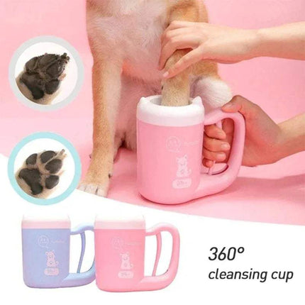 Pink Pet Foot Washing Cup Portable Paw Cleaner for Dogs & Cats being used on a dog's paw with a pink background.