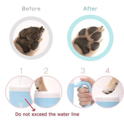 Before and after comparison of a pet's paw using a Pet Foot Washing Cup Portable Paw Cleaner for Dogs & Cats, with water level indicator.