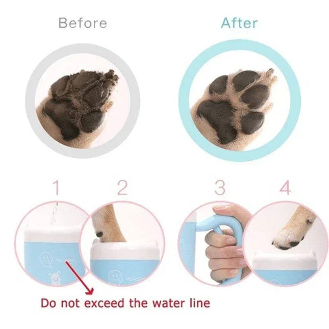 Before and after comparison of a pet's paw using a Pet Foot Washing Cup Portable Paw Cleaner for Dogs & Cats, with water level indicator.