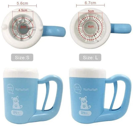 Two blue Pet Foot Washing Cup Portable Paw Cleaner for Dogs & Cats with measurement details on a white background