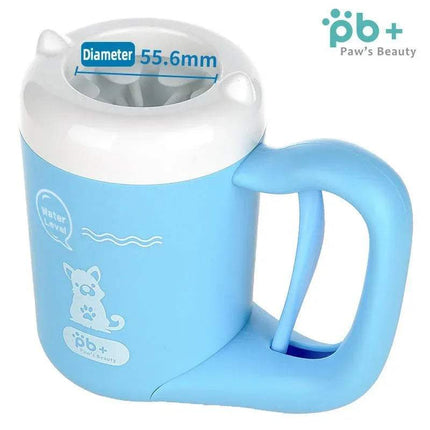Blue Pet Foot Washing Cup Portable Paw Cleaner for Dogs & Cats with handle and 'Paw's Beauty' branding on a white background