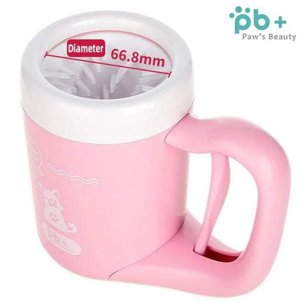Pink Pet Foot Washing Cup Portable Paw Cleaner for Dogs & Cats with a white handle and visible brand logo on a white background