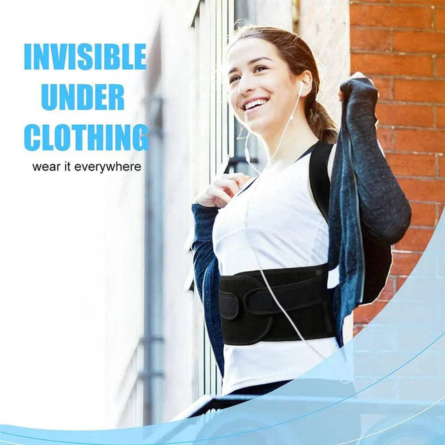 Back Posture Corrector worn under clothing for lumbar support and pain relief, promoting better posture for active individuals.