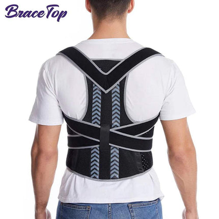 Back Posture Corrector for Men & Women showing a person wearing a supportive back brace for lumbar support and pain relief.