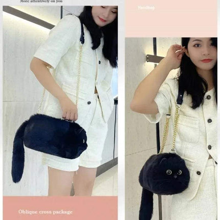 Woman holding a black Ultra-Soft Convertible Cat Handbag Stylish & Playful Feline-Inspired Bag with a tail design, wearing a white outfit.