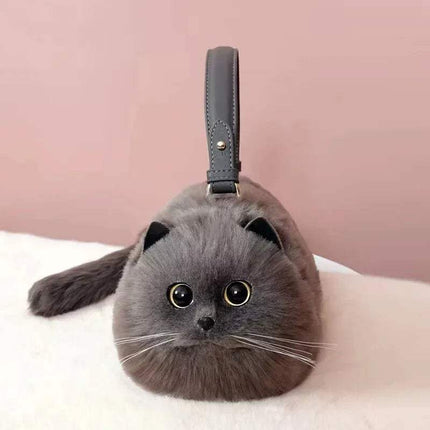 Gray Ultra-Soft Convertible Cat Handbag Stylish & Playful Feline-Inspired Bag with a pink background