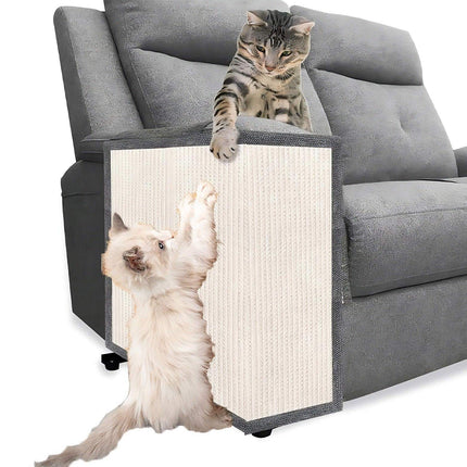 Two cats playing with a Cat Scratch Sofa Protector on a sofa, showcasing eco-friendly furniture protection.