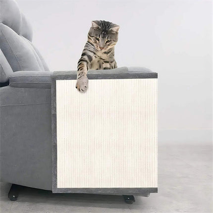 Cat Scratch Sofa Protector displayed on a sofa, with a cat playfully interacting with it while protecting the furniture.