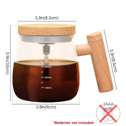 Self Stirring Coffee Mug features a glass design with a wooden lid and handle for automatic blending of beverages.