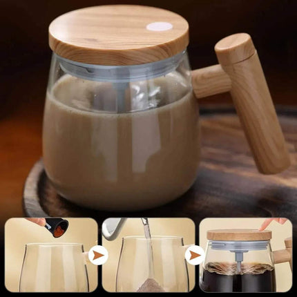 Self Stirring Coffee Mug for effortless blending with wooden lid and ergonomic handle, designed for mixing beverages.