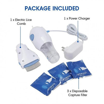 Electric Lice Grabber for Pets. Electric Lice Grabber package components including lice comb and power charger for safe pest removal.