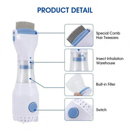 Electric Lice Grabber for Pets product detail showing special comb, hair tweezers, and insect inhalation features.